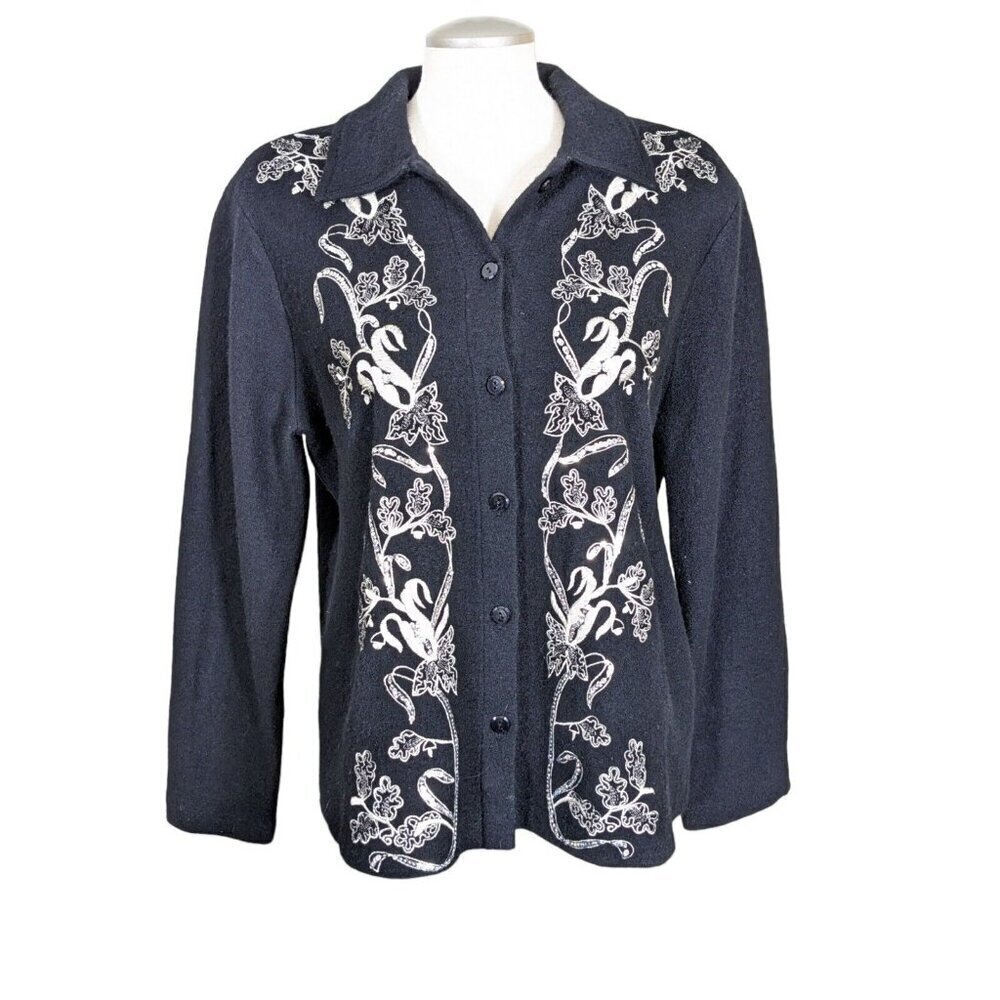 Merino Wool Jacket Womens L Embroidered Sequins Black Jones New York Collection
